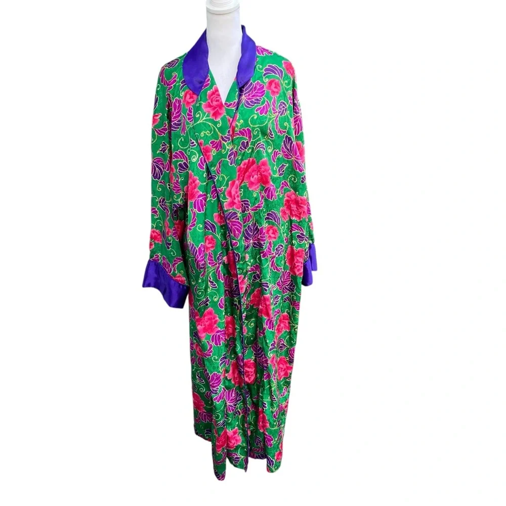 Victoria Secret Floral Green‎ and Purple Women's Robe Missing Belt Large